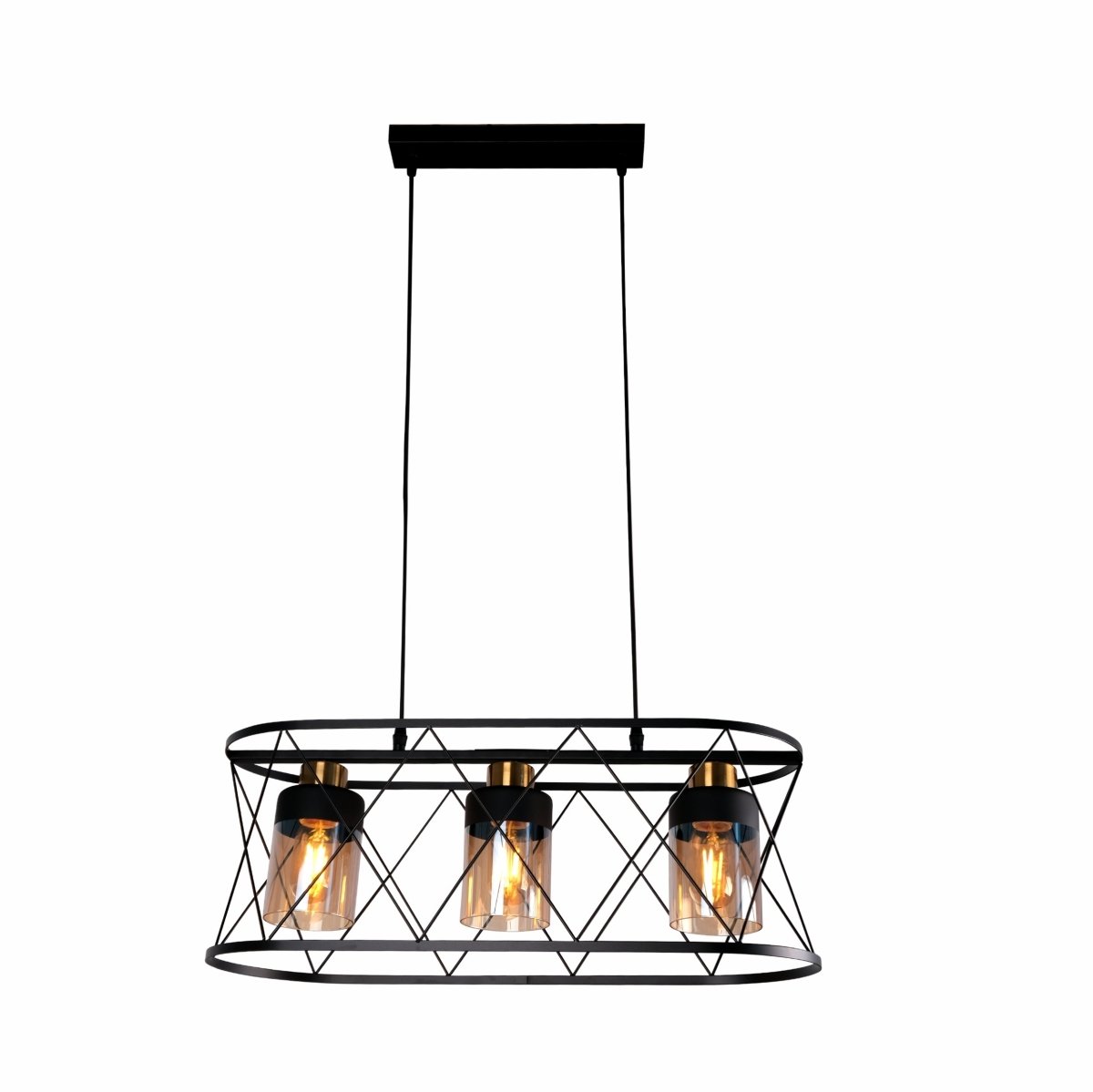 Main image of Black Cage Metal Amber Cylinder Glass Island Chandelier with 3xE27 Fittings | TEKLED 159-17498