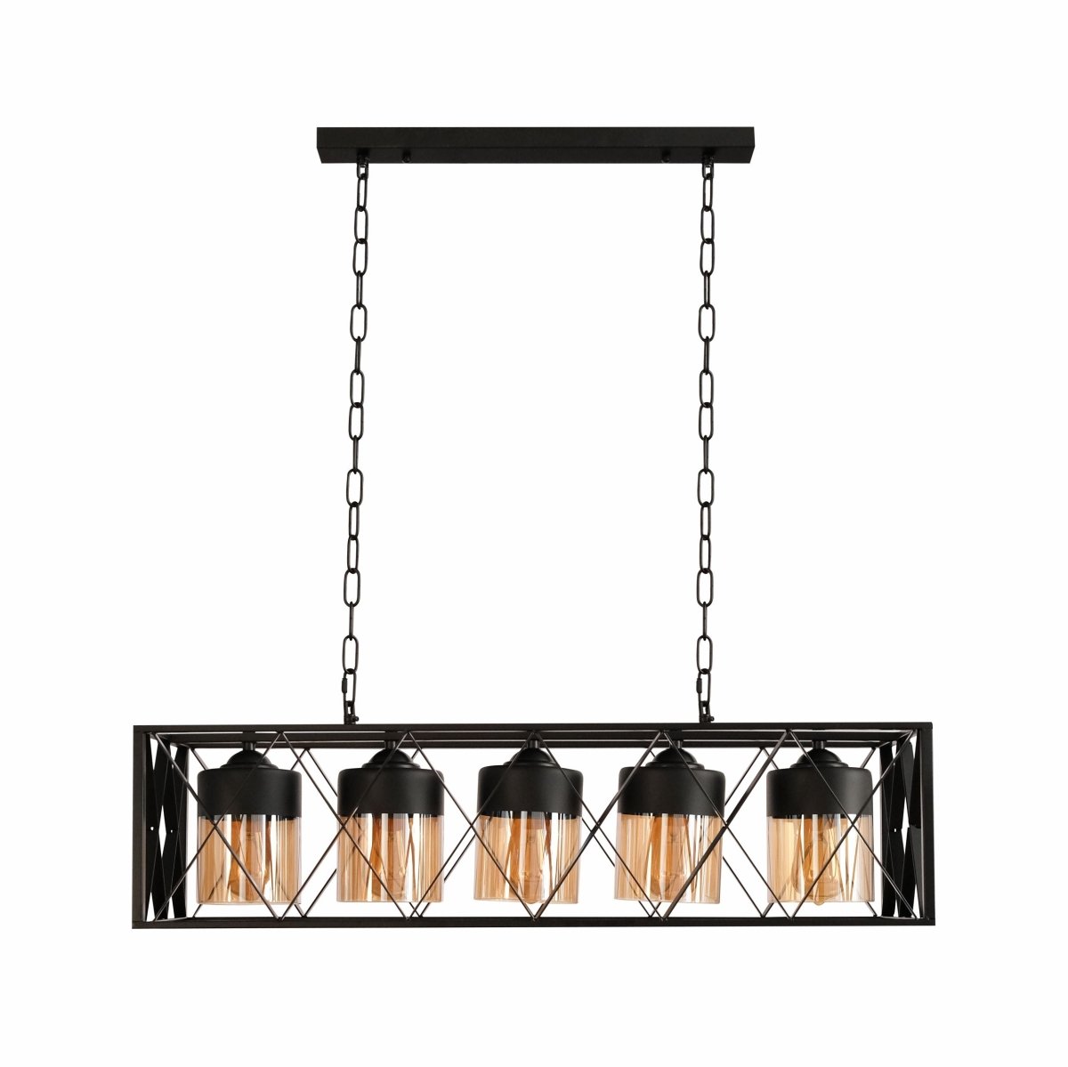 Main image of Black Caged Metal Amber Cylinder Glass Island Chandelier with 5xE27 Fitting | TEKLED 158-19580