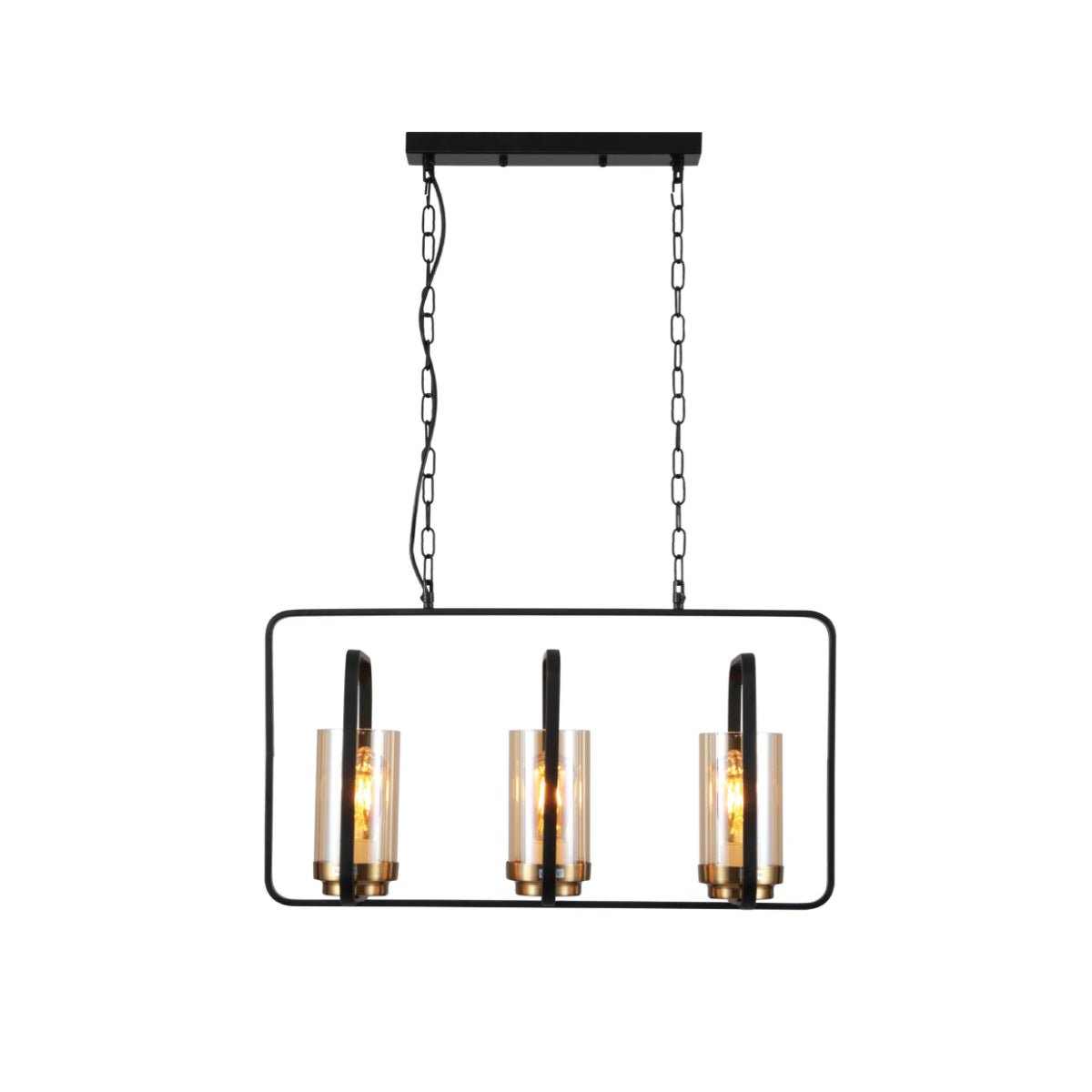 Main image of Black Metal Cage Body Amber Cylinder Glass Kitchen Island Chandelier Ceiling Light with 3xE27 Fitting | TEKLED 159-17442
