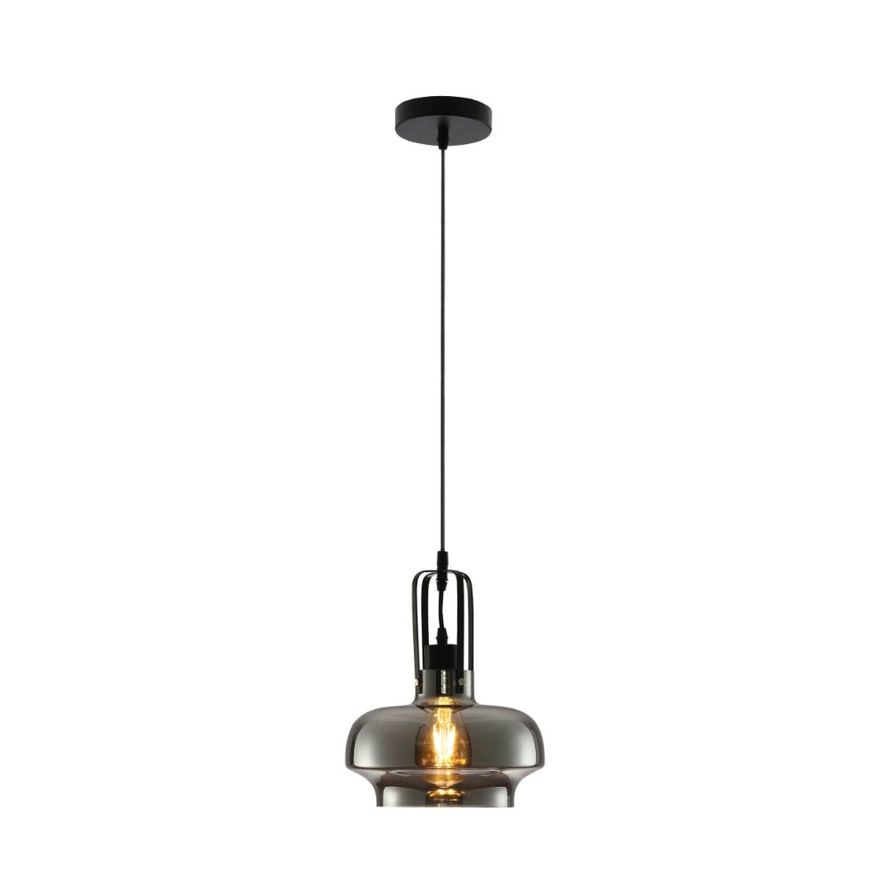 Main image of Black Metal Smoky Glass Step Pendant Ceiling Light D240 with E27 Fitting | TEKLED 158-19744