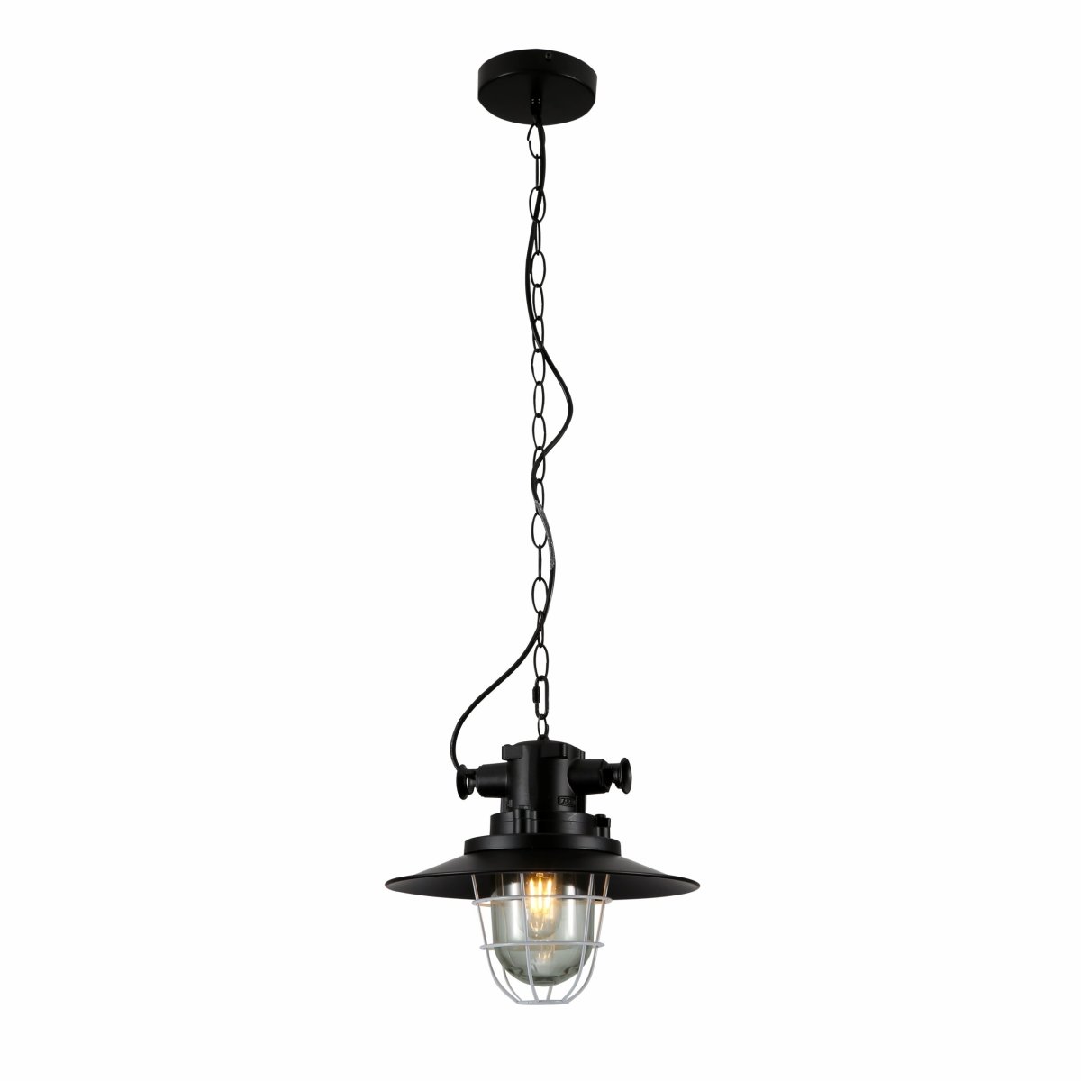 Main image of Black Nautical Industrial Caged Flat Shade Glass Metal Ceiling Pendant Light with E27 Fitting  | TEKLED 150-18366