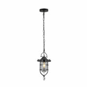 Main image of Black Nautical Industrial Caged Flat Shade Small Glass Metal Ceiling Pendant Light with E27 Fitting  | TEKLED 150-18370