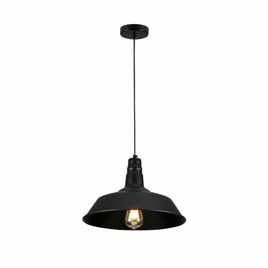 A black metal pendant light with a lampshade and Edison-style bulb, suspended from the ceiling by a thin cord.