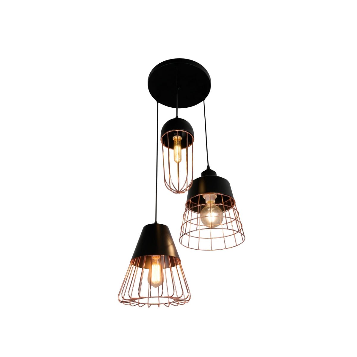 Main image of Black Top Rose Gold Metal Cage Mix Pendant Ceiling Light with 3xE27 | TEKLED 150-18082