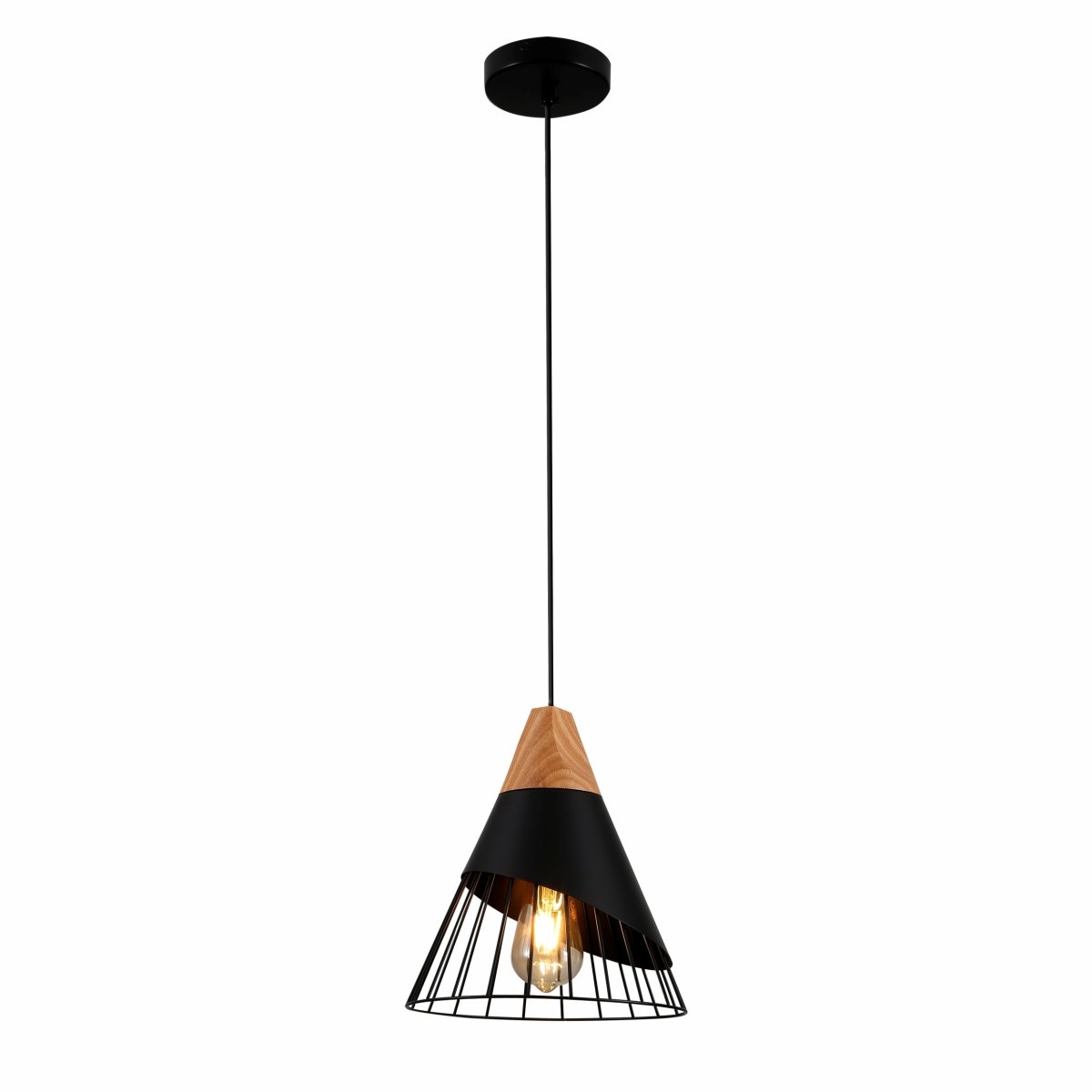 Main image of Black Wood Funnel Cone Caged Shuttlecock Nordic Metal Ceiling Pendant Light with E27 Fitting | TEKLED 150-18390