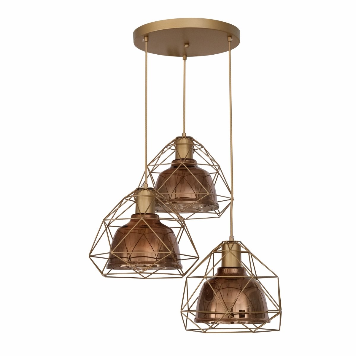 Main image of Copper Glass Dome Gold Metal Cage Pendant Light with 3xE27 Fitting | TEKLED 156-19476