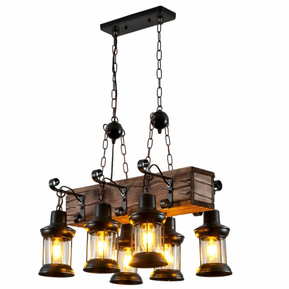 Main image of Cuboid Iron and Wood Glass Cylinder Shaded Rustic Farmhouse Nautical Island Chandelier 6xE27 | TEKLED 159-17846