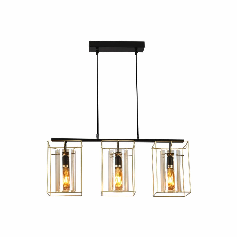 Main image of Gold Metal Cage Amber Cylinder Glass Kitchen Island Chandelier Ceiling Light with E27 Fitting | TEKLED 150-18312