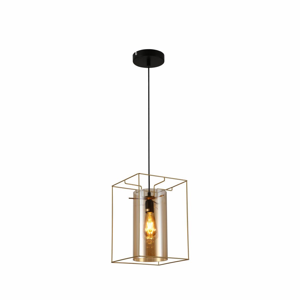 Main image of Gold Metal Cage Amber Cylinder Glass Pendant Ceiling Light with E27 Fitting | TEKLED 150-18310