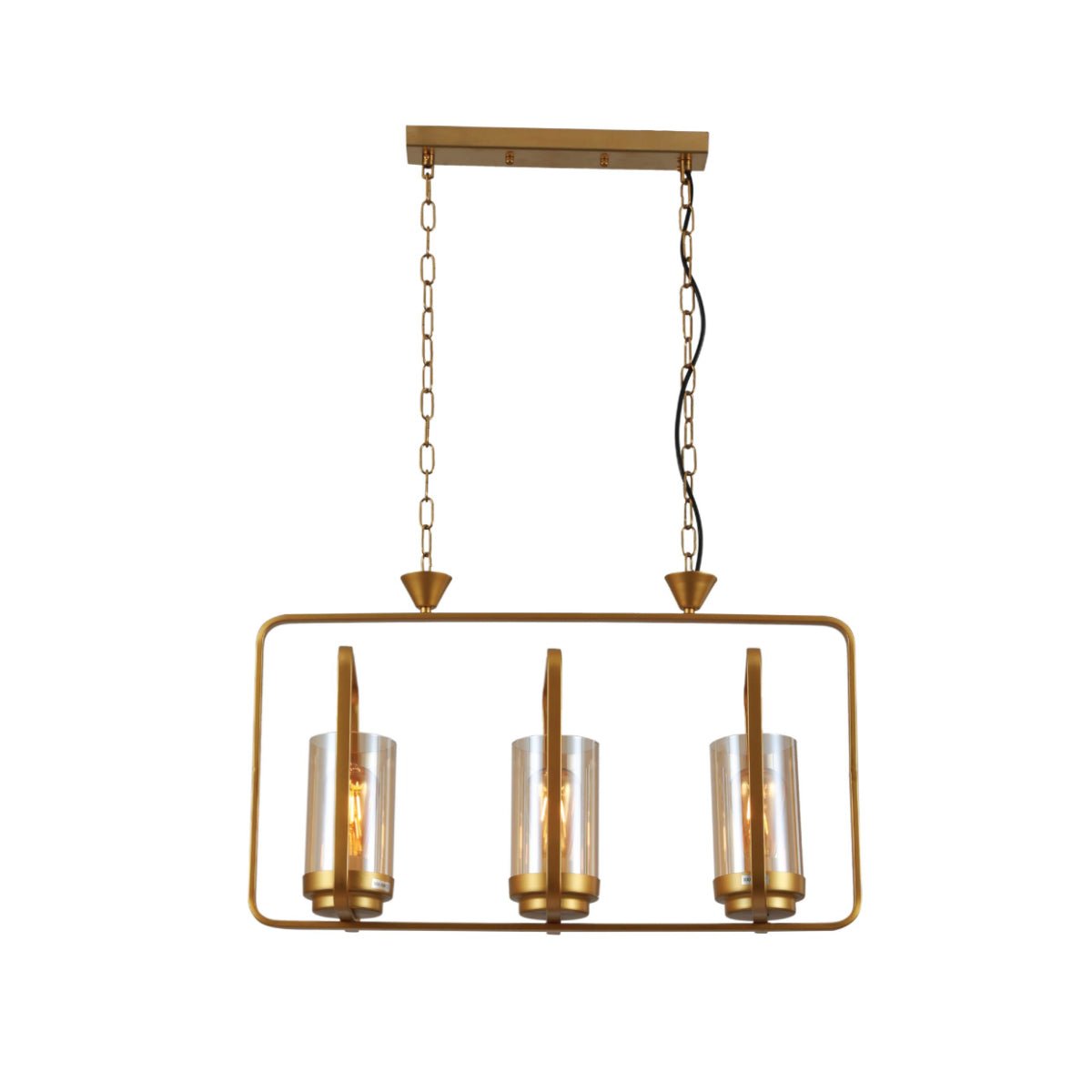 Main image of Gold Metal Cage Body Amber Cylinder Glass Kitchen Island Chandelier Ceiling Light with 3xE27 Fitting | TEKLED 159-17444