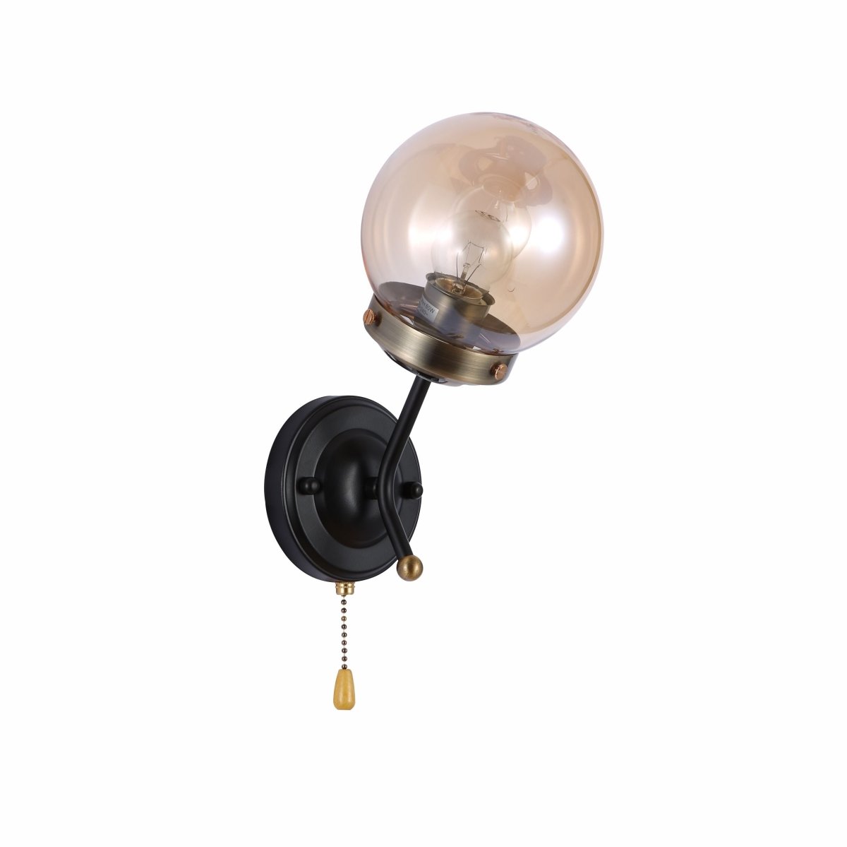 Amber Glass Antique Brass And Black Globe Wall Light E27 And Pull Down Switch's main image.