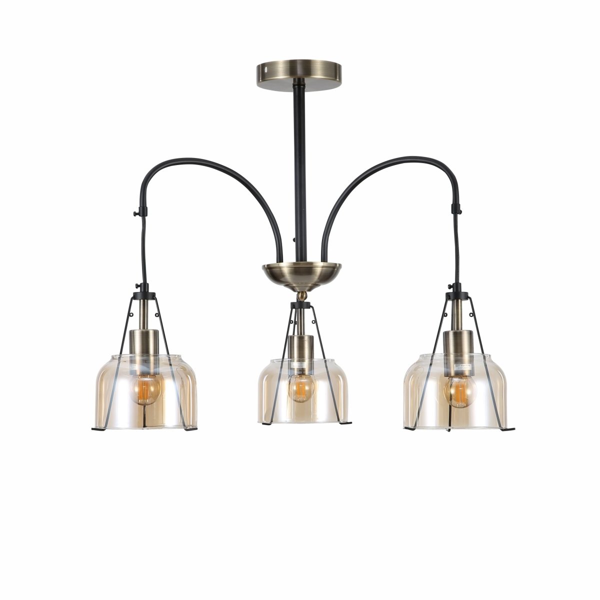 Amber Glass Black And Antique Brass Suspended Ceiling Light 3Xe27's main image.