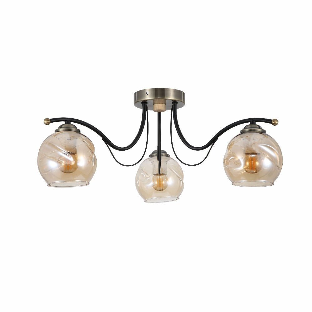 Amber Glass Dome Black And Antique Brass Metal Semi Flush Ceiling Light 3Xe27's main image.