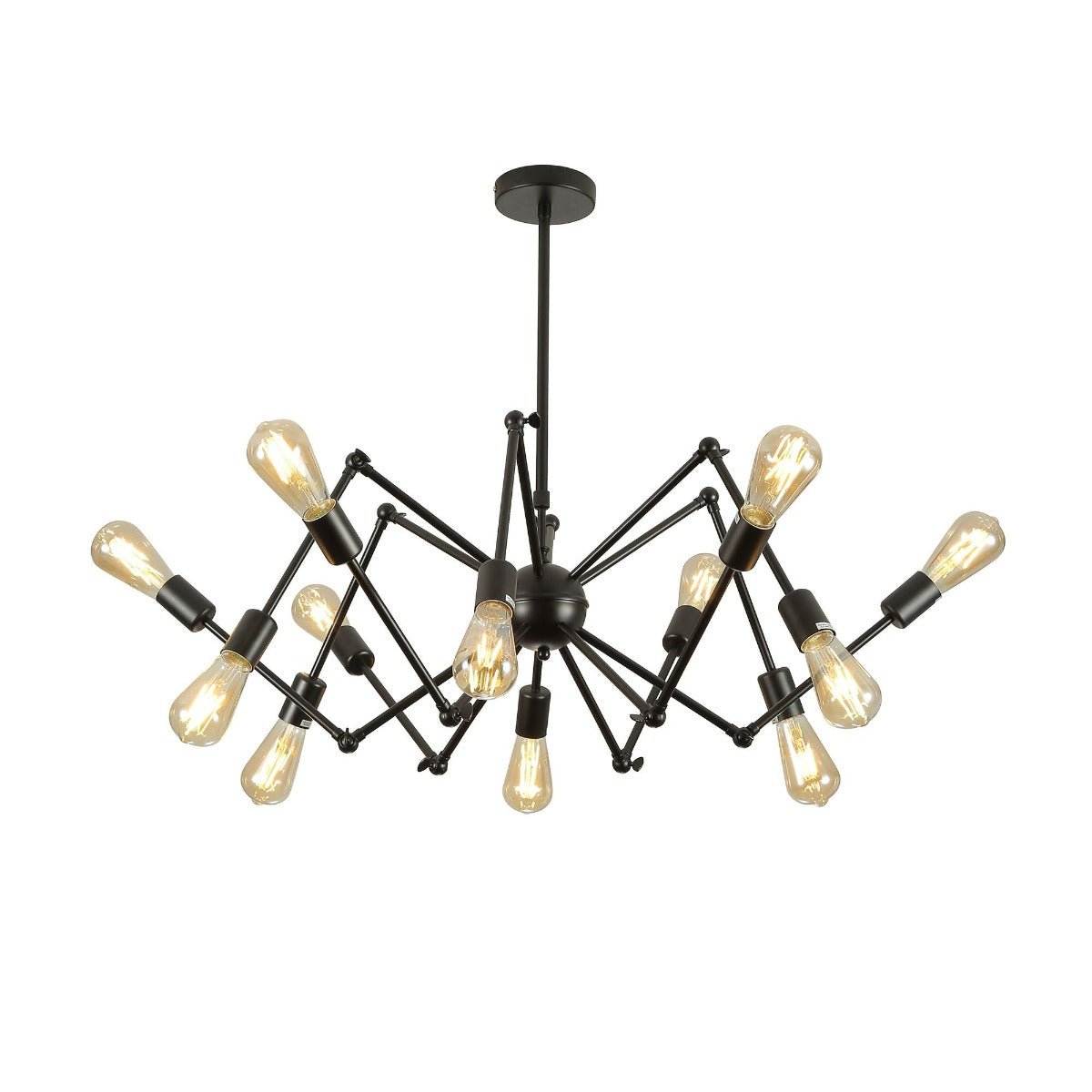 Black hinged rod metal spider chandelier with 12xe27 fitting in indoor setting 158-17586