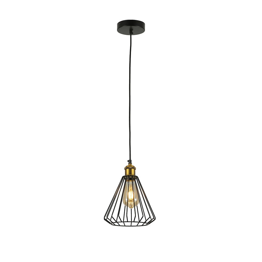 Black metal caged funnel pendant light with e27 fitting main