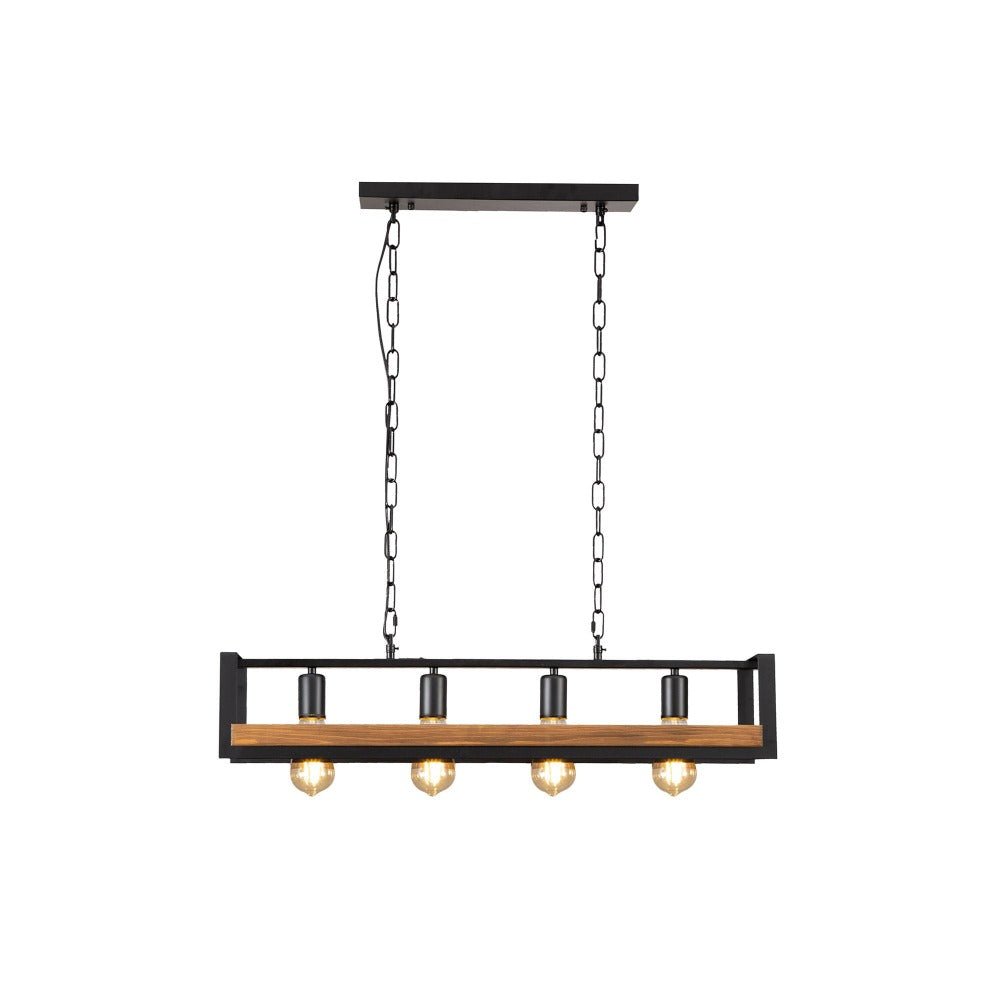 Black metal wood cuboid island chandelier with 4xe27 fitting in indoor setting