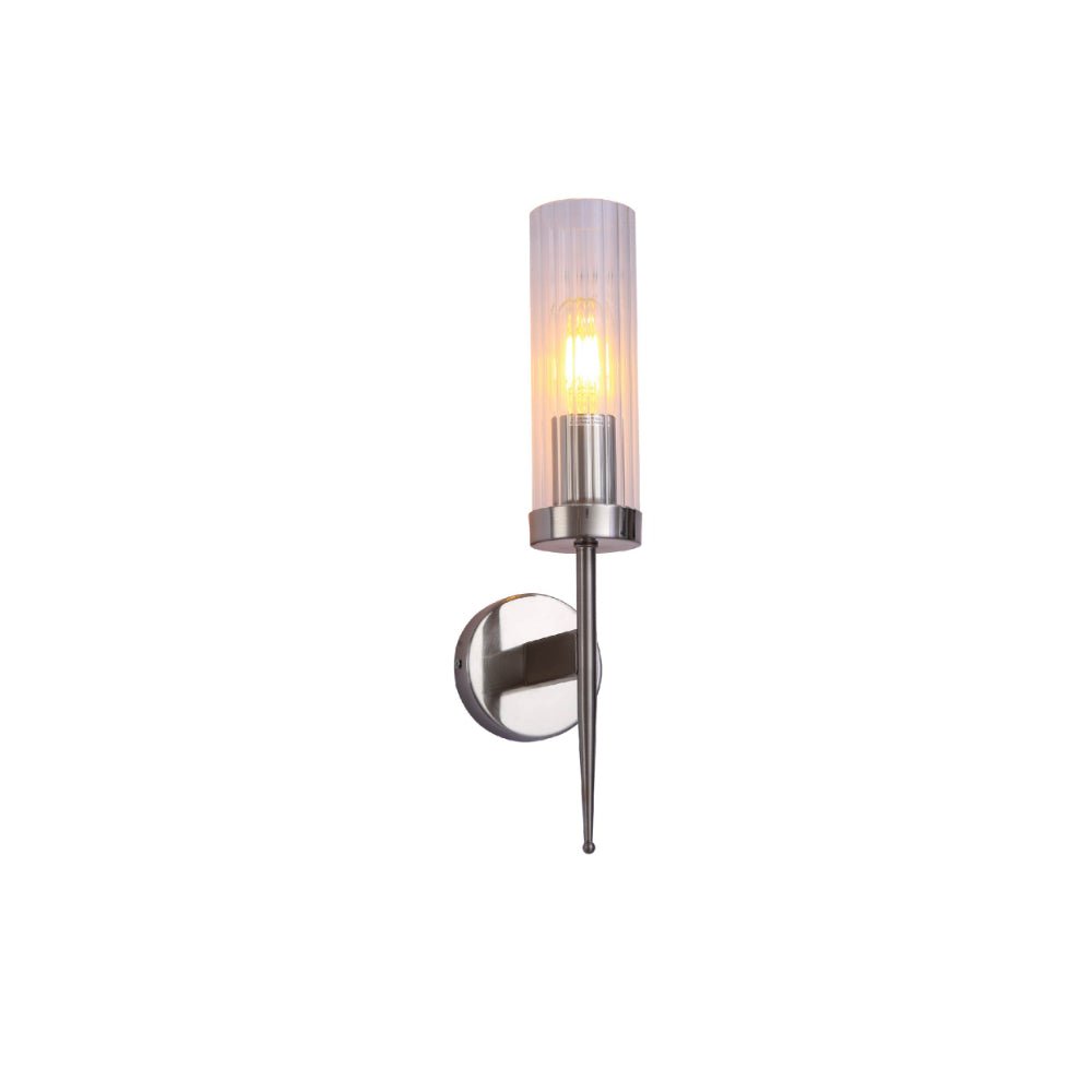 Main image of Satin Nickel Cylinder Clear Reeded Glass Joseph Fonteyn Fluted Wall Light E27