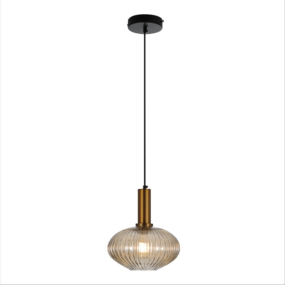 main image of Sawyer Ribbed Fluted Reeded Maloto Lantern Amber Glass Pendant Ceiling Light E27 Gold Bronze Top D240 mm 158-19604