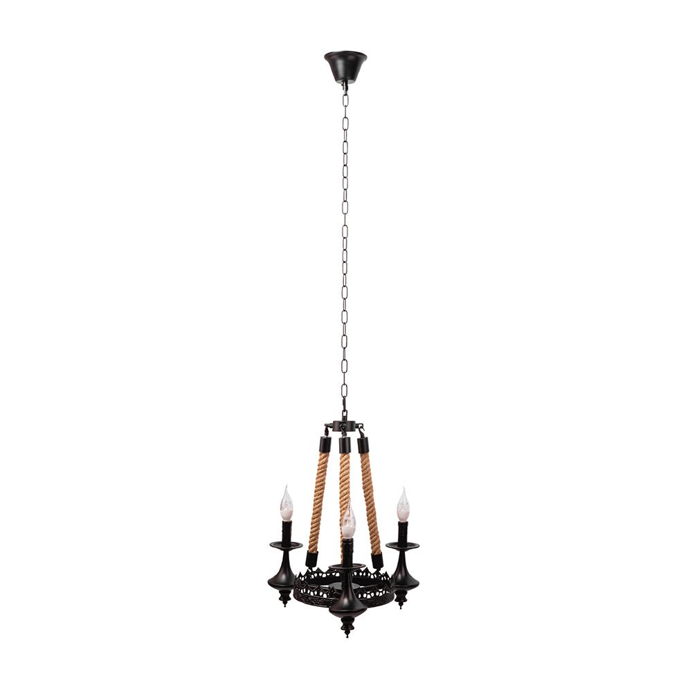 Matte black metal hemp rope chandelier with 3xe14 main