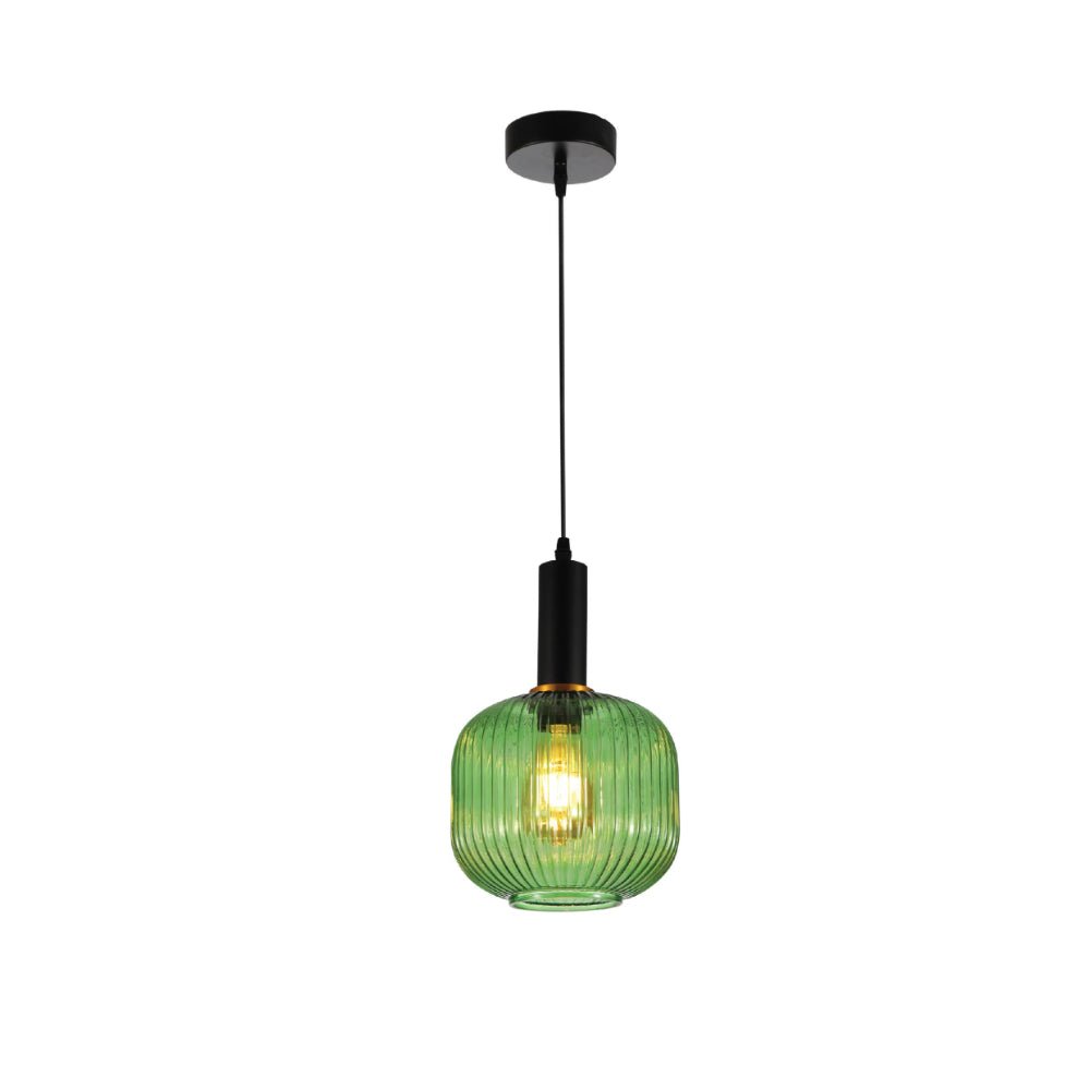 Main image of Sawyer Ribbed Fluted Reeded Maloto Lantern Green Glass Pendant Ceiling Light E27 Black Metal Top | TEKLED 150-18714