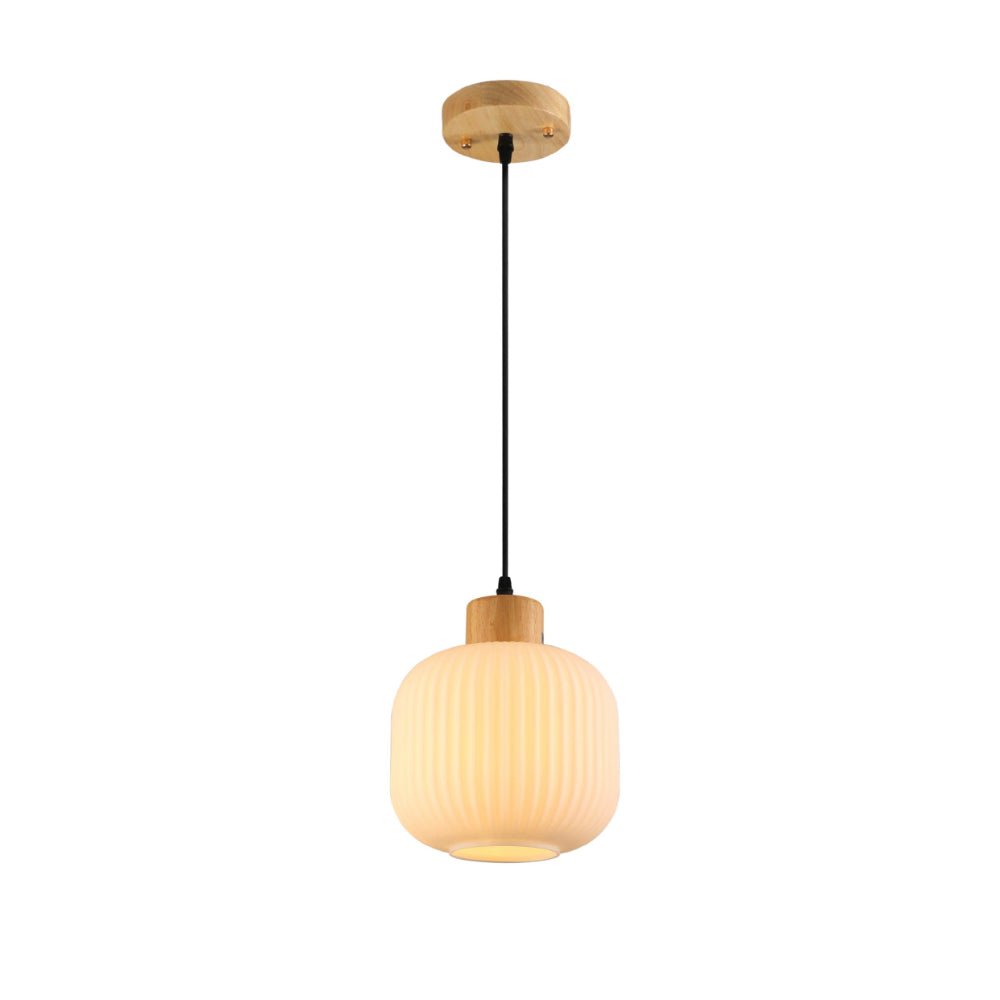 Main image of Sawyer Ribbed Fluted Reeded Maloto Lantern Opal Glass Pendant Ceiling Light E27 Wood Top | TEKLED 150-18710