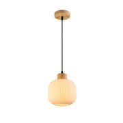 Main image of Sawyer Ribbed Fluted Reeded Maloto Lantern Opal Glass Pendant Ceiling Light E27 Wood Top | TEKLED 150-18710