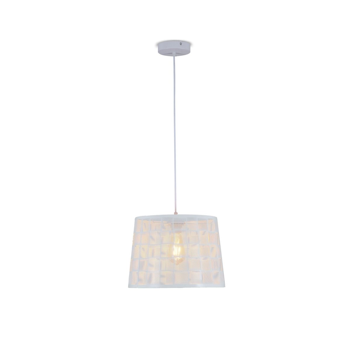 White metal frustum pendant light square pattern with e27 fitting in indoor setting