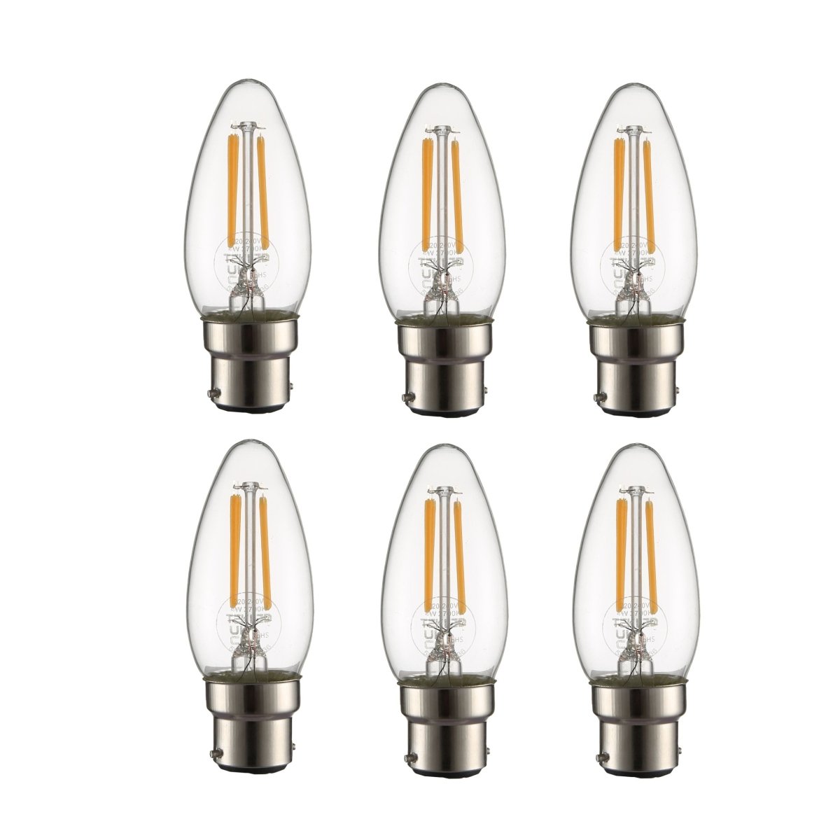 Main image of LED Dimmable Filament Bulb C35 Candle B22 Bayonet Cap 4W 470lm Warm White 2700K Clear Pack of 6 | TEKLED 583-150636