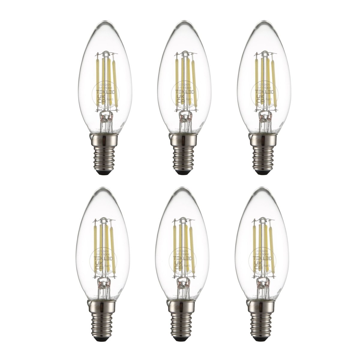Main image of LED Filament Bulb C35 Candle E14 Small Edison Screw 4W 470lm Cool Daylight 6500K Clear Pack of 6 | TEKLED 583-150605