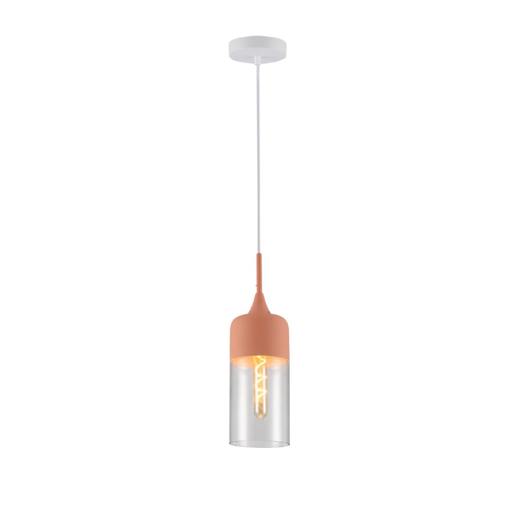 Main image of Macaron Salmon Pink Cylinder Glass Pendant Ceiling Light with E27 Fitting | TEKLED 158-19728