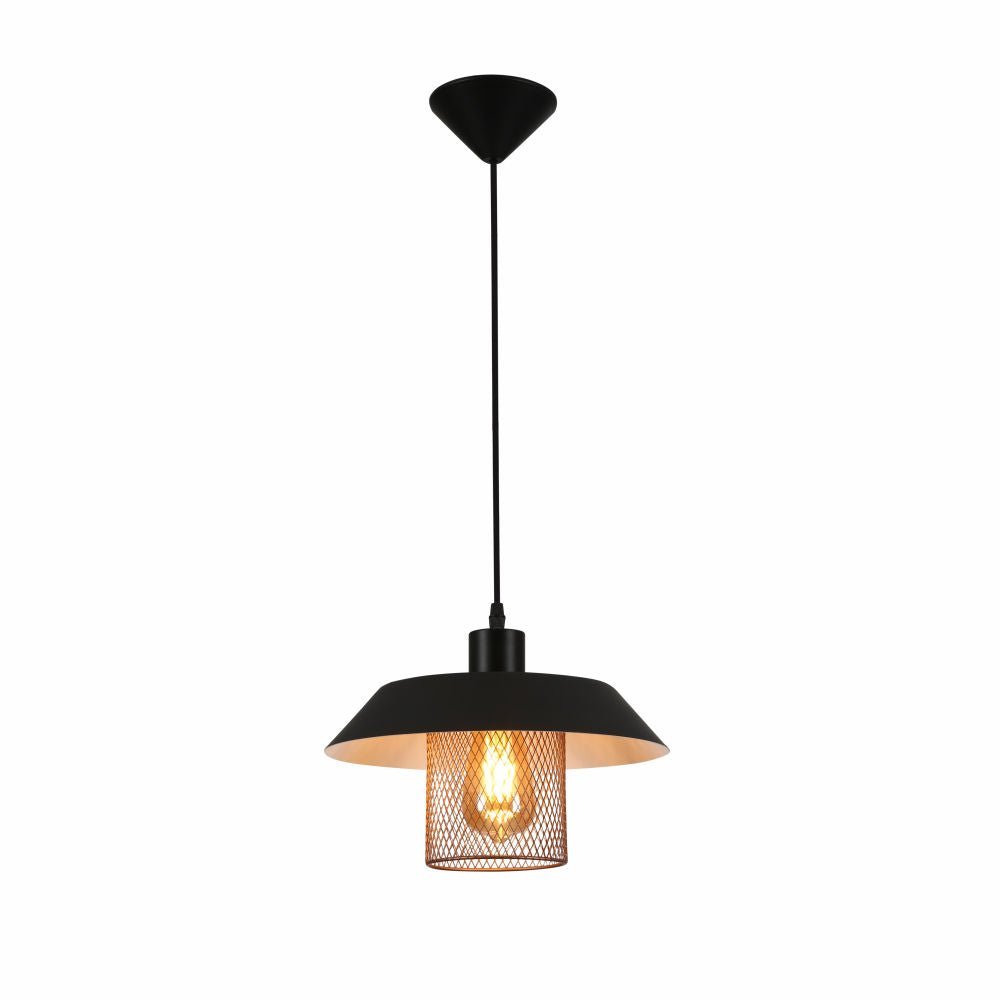 Main image of Matte Gold Caged Shade with Black Flat Top Pendat Ceiling Light D300 with E27 Fitting | TEKLED 150-18300
