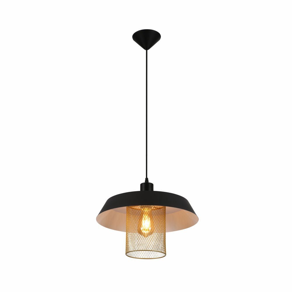 Main image of Matte Gold Caged Shade with Black Flat Top Pendat Ceiling Light D385 with E27 Fitting | TEKLED 150-18302
