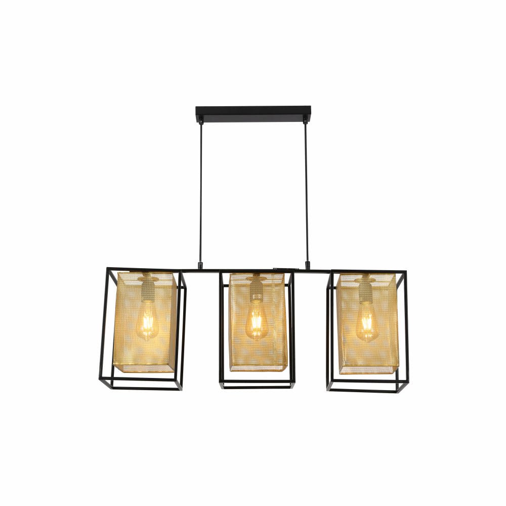 Main image of Matte Gold Metal Shade Black Cage Kitchen Island Chandelier Ceiling Light with 3xE27 Fittings | TEKLED 150-18316