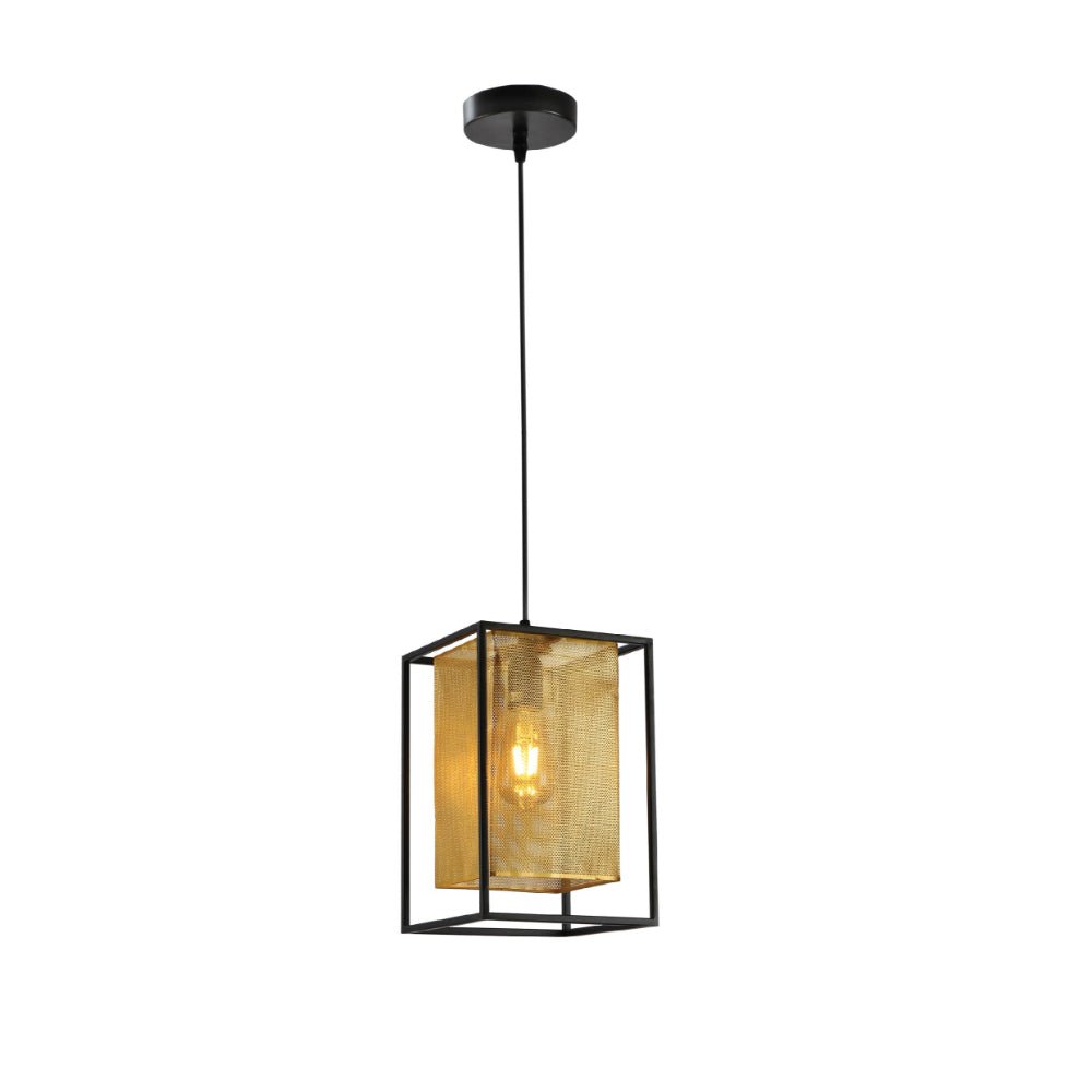Main image of Matte Gold Metal Shade Black Cage Pendant Ceiling Light with E27 Fitting | TEKLED 150-18314
