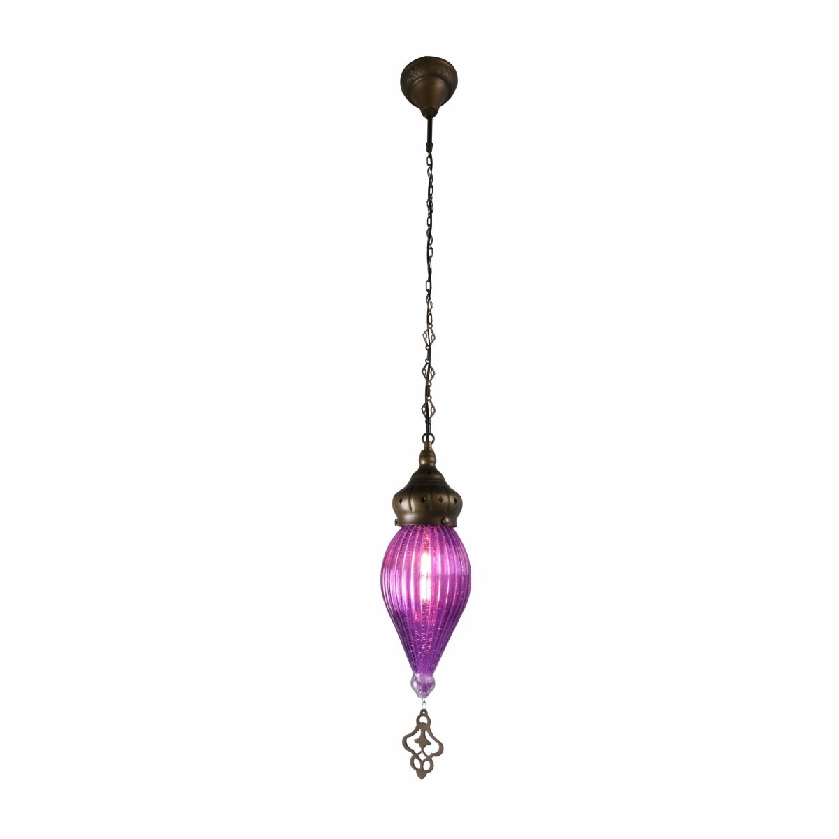 Main image of Moroccan Style Antique Brass and Purple Glass Oriental Ceiling Pendant Light E27 | TEKLED 158-195583
