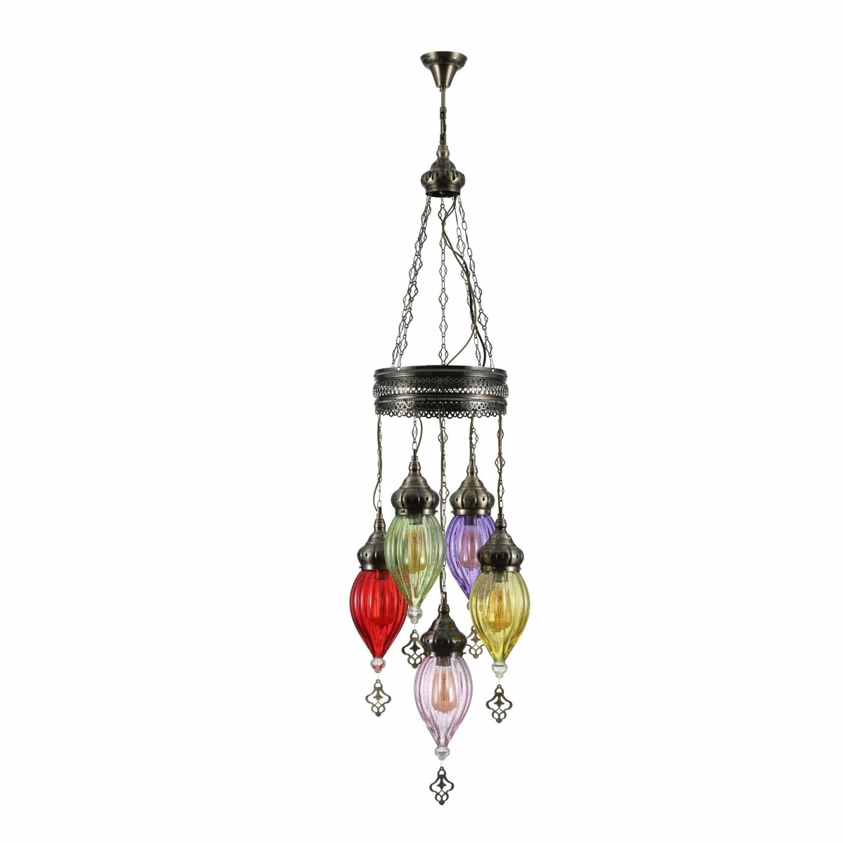 Main image of Moroccan Style Antique Brass and Multi Colour Glass Chandelier Pendant Light 5xE27 | TEKLED 158-19560