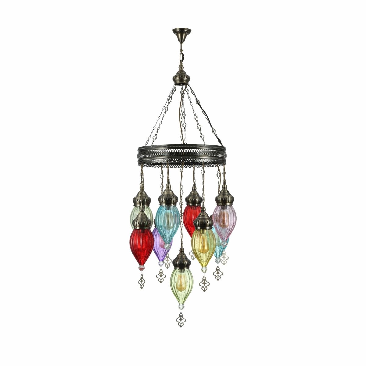 Main image of Moroccan Style Antique Brass and Multi Colour Glass Chandelier Pendant Light 9xE27 | TEKLED 158-19562