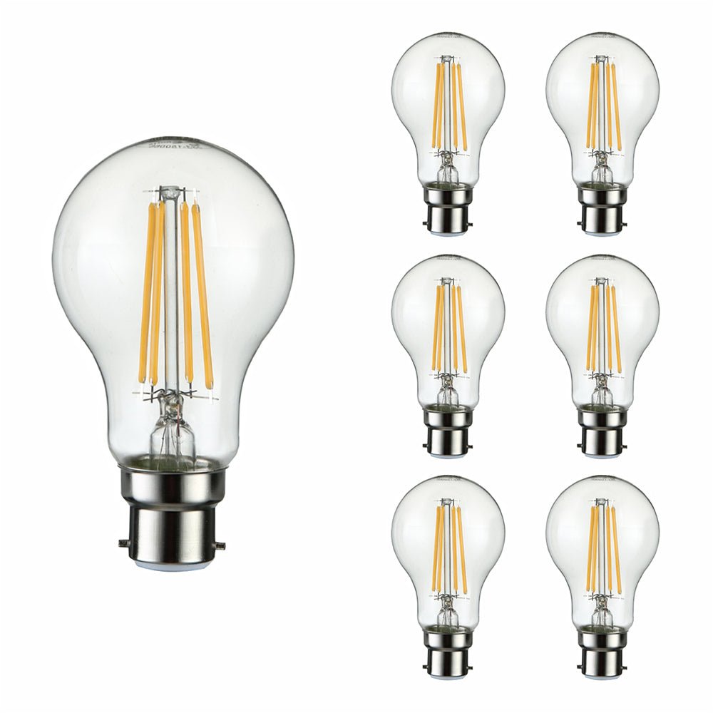 Close up of led filament gls bulb a60 b22 bayonet cap 6w 600lm warm white 2700k clear pack of 6