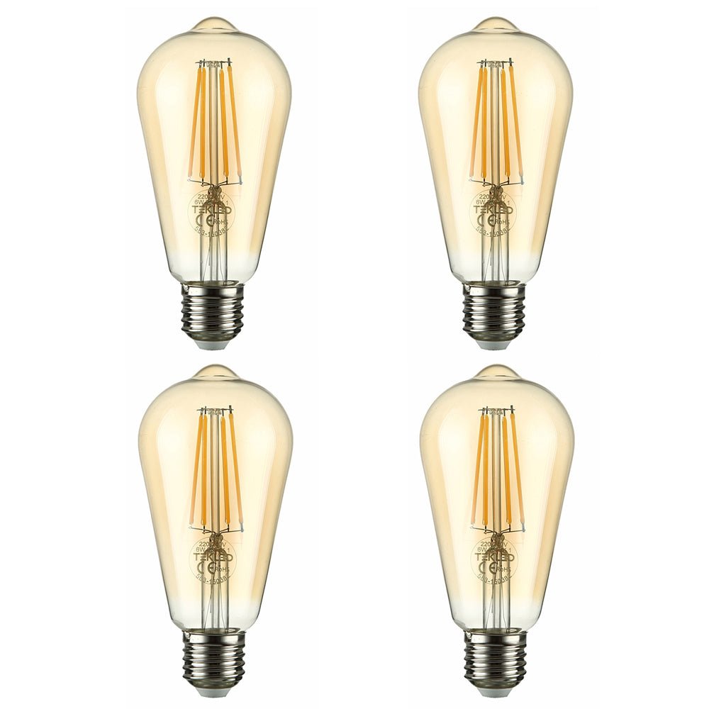 Close up of led dimmable filament bulb edison st64 e27 edison screw 6w 600lm warm white 2500k amber pack of 4