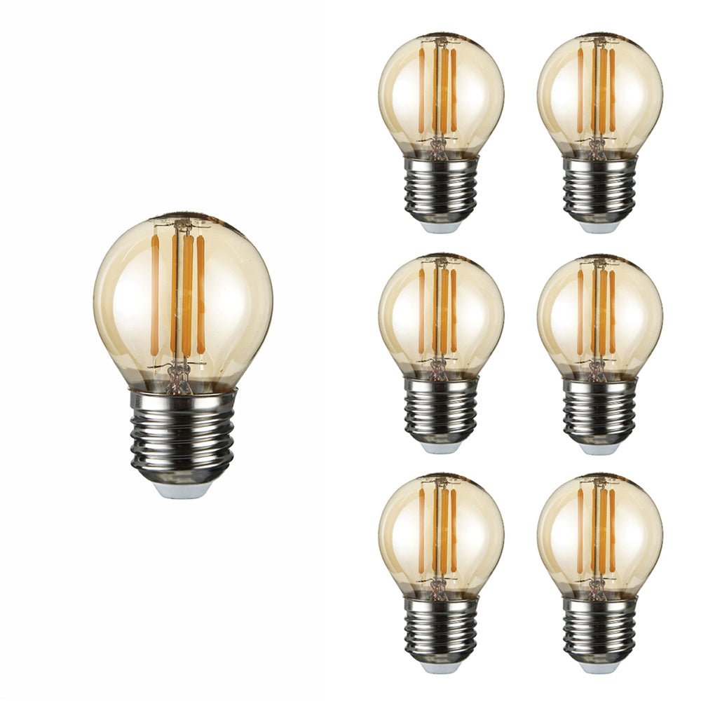 Close up of led filament bulb golf ball g45 e27 edison screw 4w 400lm warm white 2500k amber pack of 6
