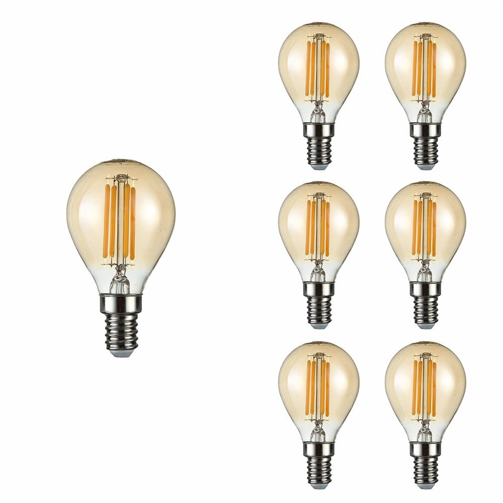 Close up of led filament bulb golf ball p45 e14 small edison screw 4w 400lm warm white 2500k amber pack of 6