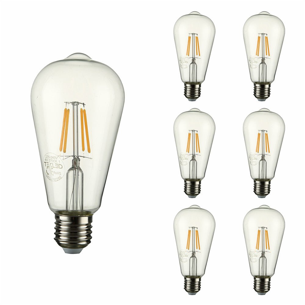 Close up of led filament bulb edison st64 e27 edison screw 4w 400lm warm white 2700k clear pack of 6