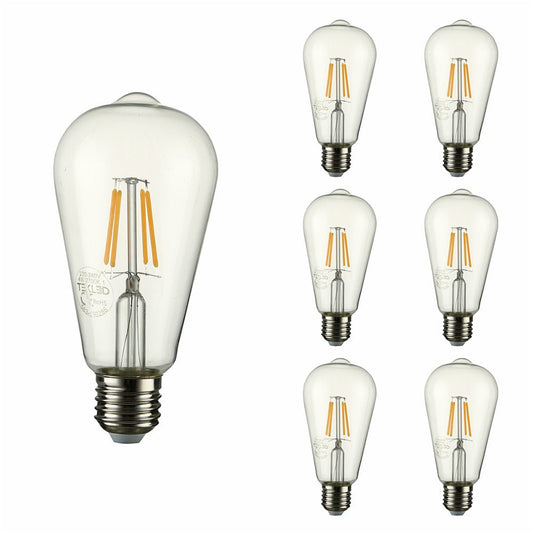 Close up of led filament bulb edison st64 e27 edison screw 4w 400lm warm white 2700k clear pack of 6