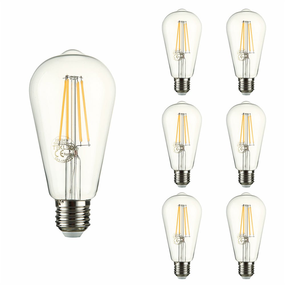 Close up of led filament bulb edison st64 e27 edison screw 6w 600lm warm white 2700k clear pack of 6