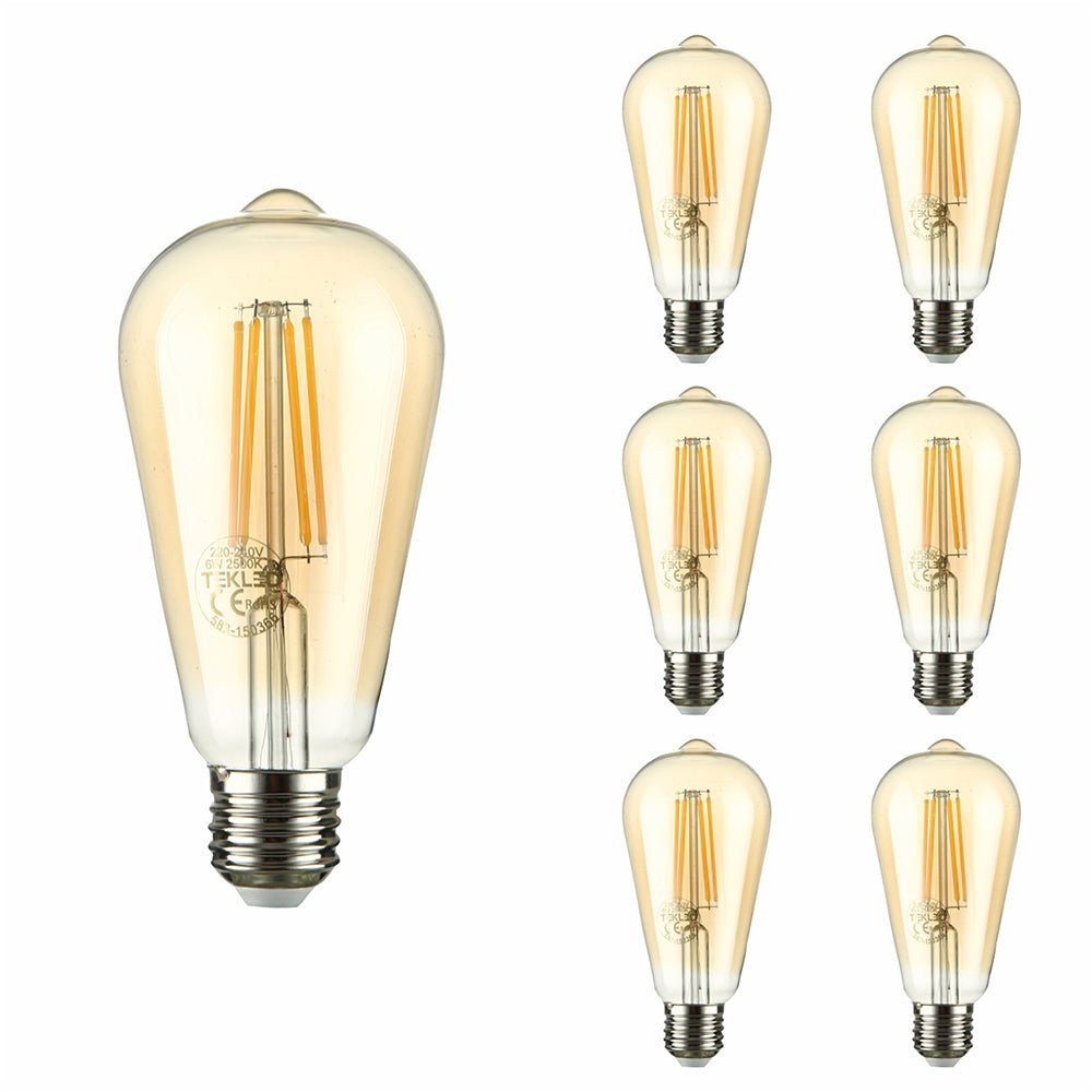 Close up of led filament bulb edison st64 e27 edison screw 6w 600lm warm white 2500k amber pack of 6