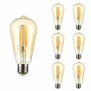 Close up of led filament bulb edison st64 e27 edison screw 6w 600lm warm white 2500k amber pack of 6