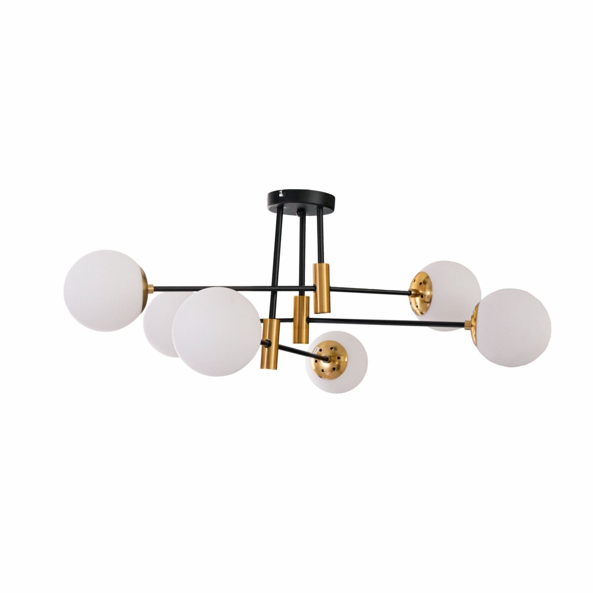 Main image of Opal Glass Globe Gold and Black Metal Semi Flush Ceiling Light with 6xE27 Fitting | TEKLED 159-17436