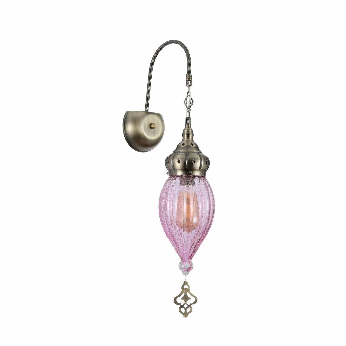 Main image of Pink Glass Antique Bronze Metal Body Moroccan Style Wall Light with E27 Fitting | TEKLED 151-194584