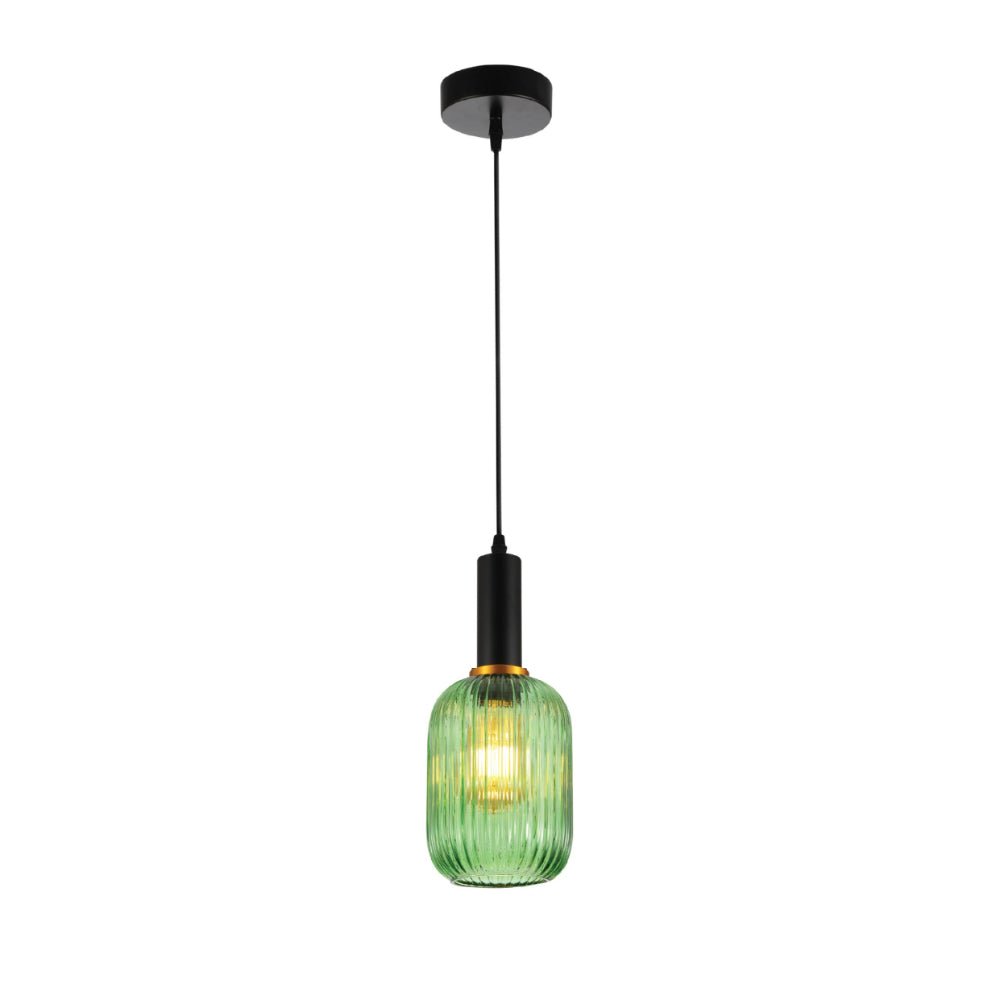Main image of Sawyer Ribbed Fluted Reeded Maloto Lantern Green Glass Pendant Ceiling Light E27 Black Metal Top | TEKLED 150-18712