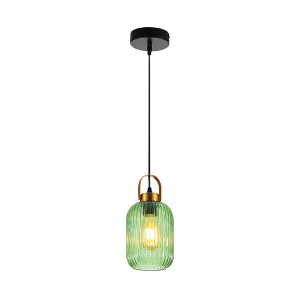 Main image of Sawyer Ribbed Fluted Reeded Maloto Lantern Green Glass Pendant Ceiling Light E27 Gold Handled  | TEKLED 150-18704